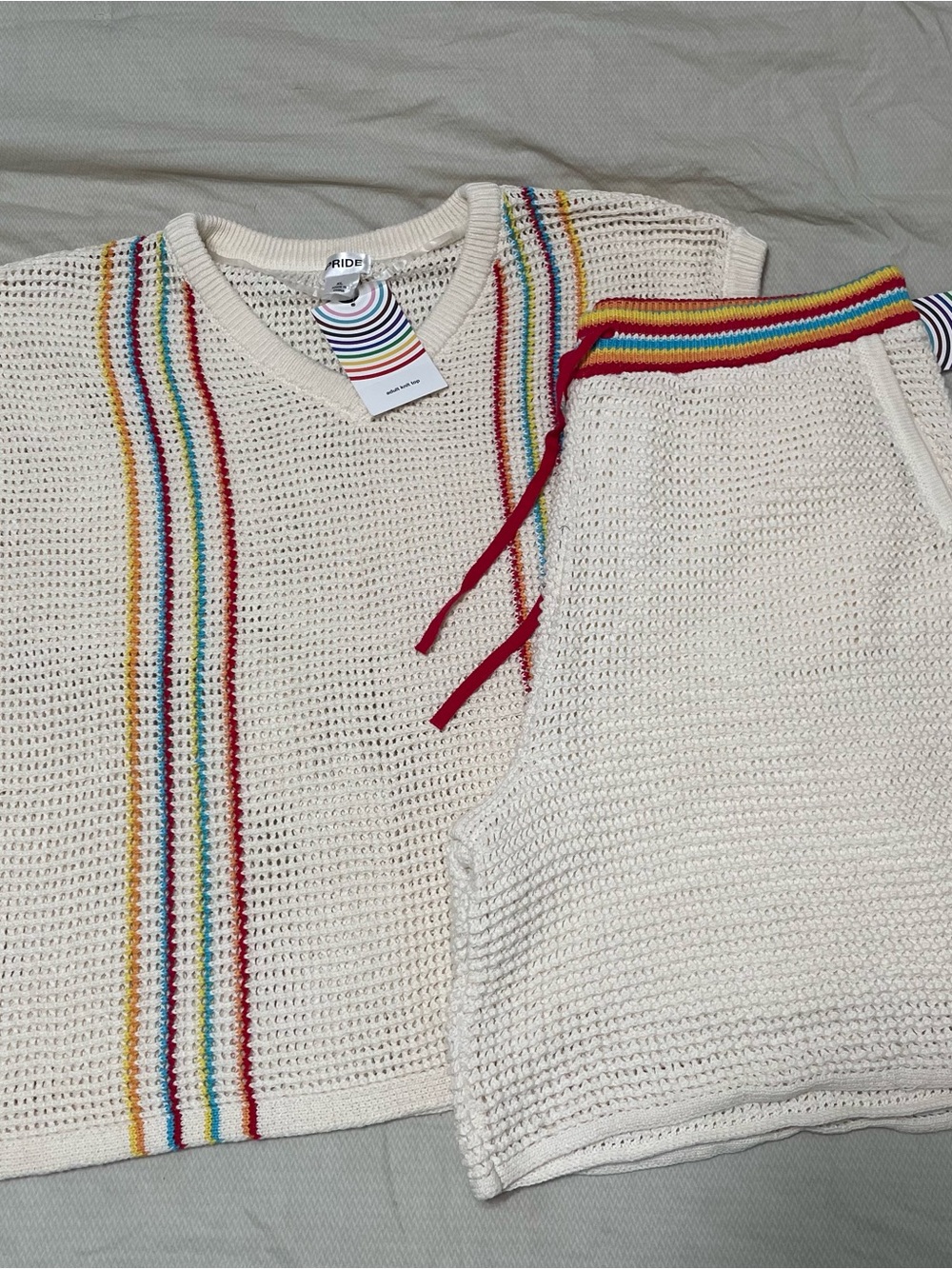 Pride Cream Crochet Vest Top with Shorts Rainbow Stripe Detail BNWT 🌈